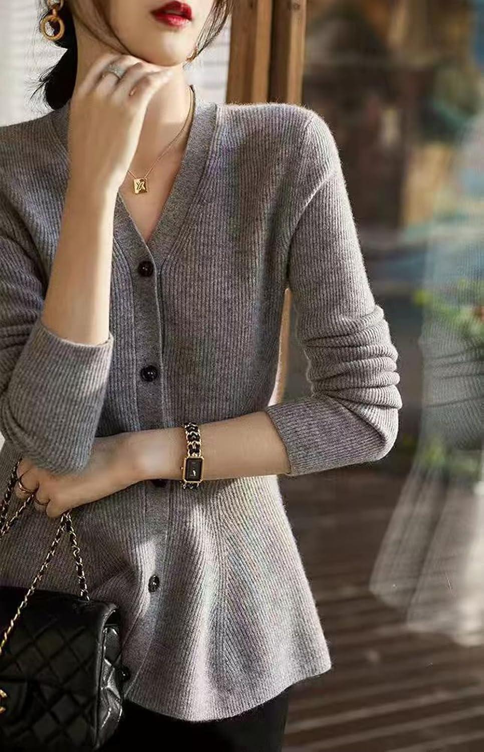 imagechouyatou Womens Fall Lightweight Peplum Cardigan Sweater Button Down Cardigan Jacket Business Casual TopGrey