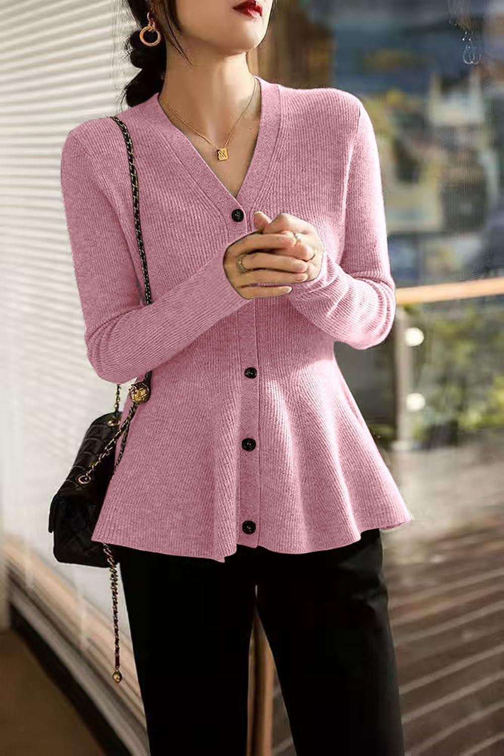 imagechouyatou Womens Fall Lightweight Peplum Cardigan Sweater Button Down Cardigan Jacket Business Casual TopPink