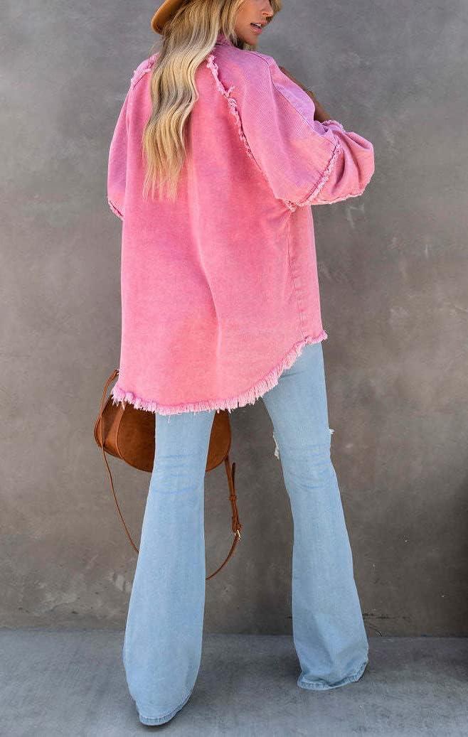 imagechouyatou Womens Fall Oversized Jean Jacket Casual Button Down Denim Shacket JacketHot Pink