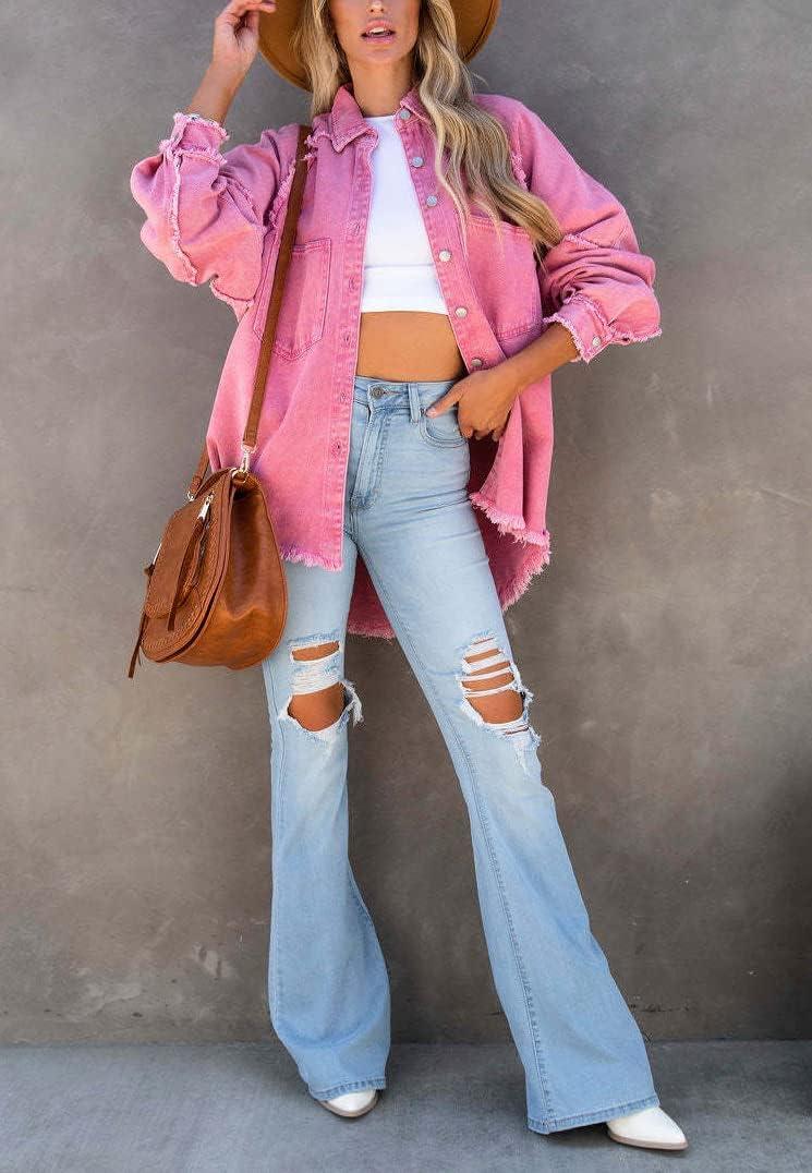 imagechouyatou Womens Fall Oversized Jean Jacket Casual Button Down Denim Shacket JacketHot Pink
