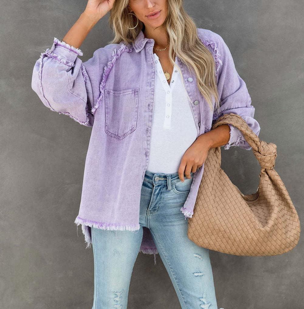 imagechouyatou Womens Fall Oversized Jean Jacket Casual Button Down Denim Shacket JacketLight Purple