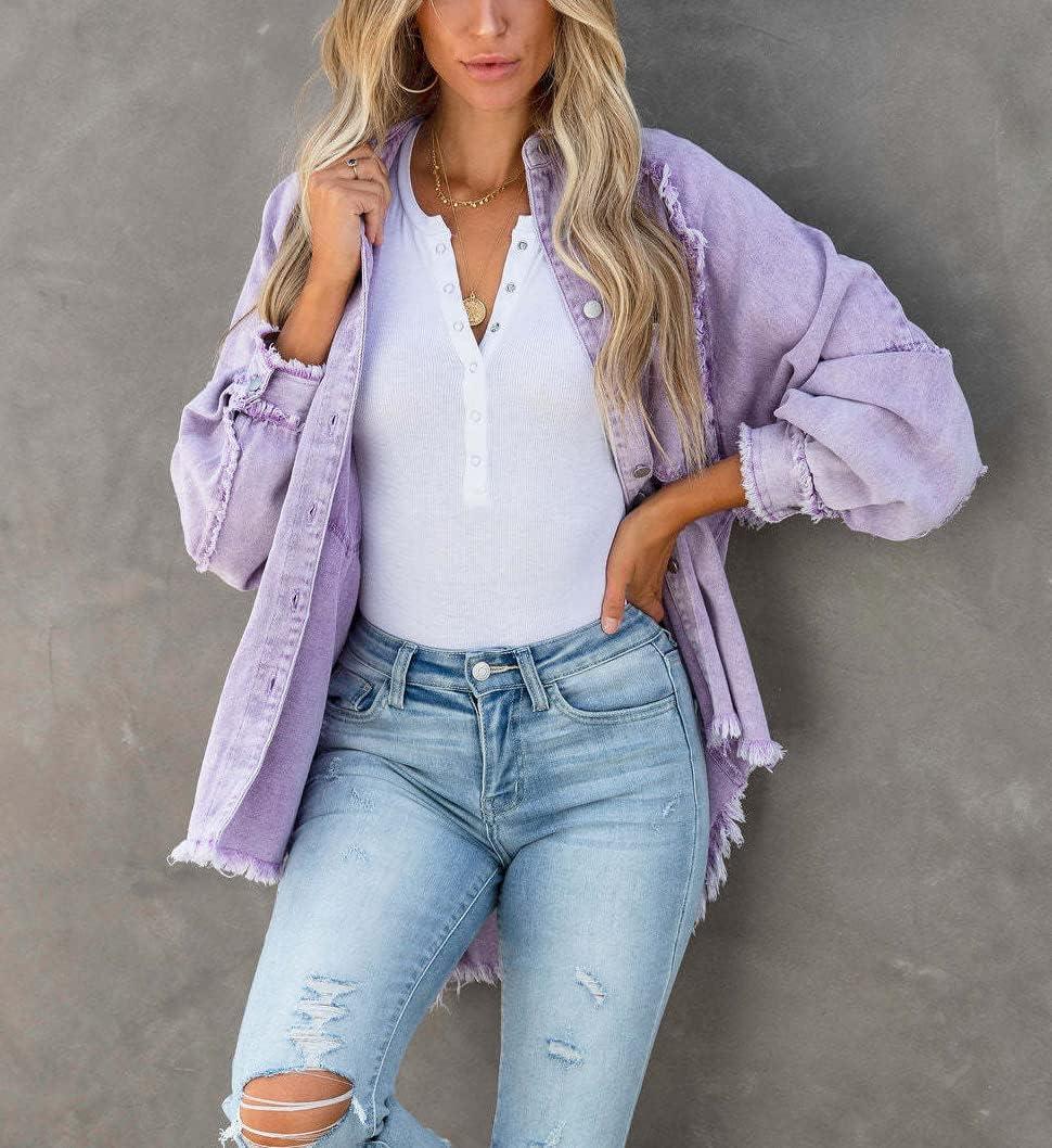 imagechouyatou Womens Fall Oversized Jean Jacket Casual Button Down Denim Shacket JacketLight Purple