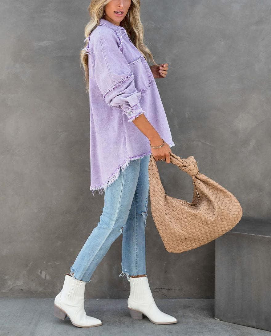 imagechouyatou Womens Fall Oversized Jean Jacket Casual Button Down Denim Shacket JacketLight Purple
