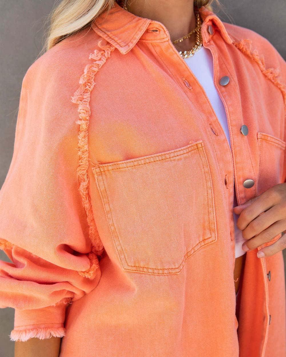 imagechouyatou Womens Fall Oversized Jean Jacket Casual Button Down Denim Shacket JacketOrange