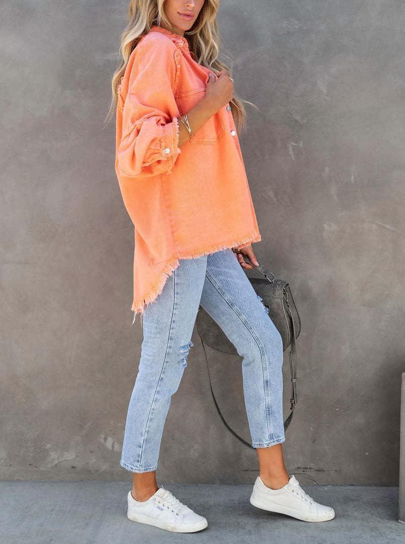 imagechouyatou Womens Fall Oversized Jean Jacket Casual Button Down Denim Shacket JacketOrange