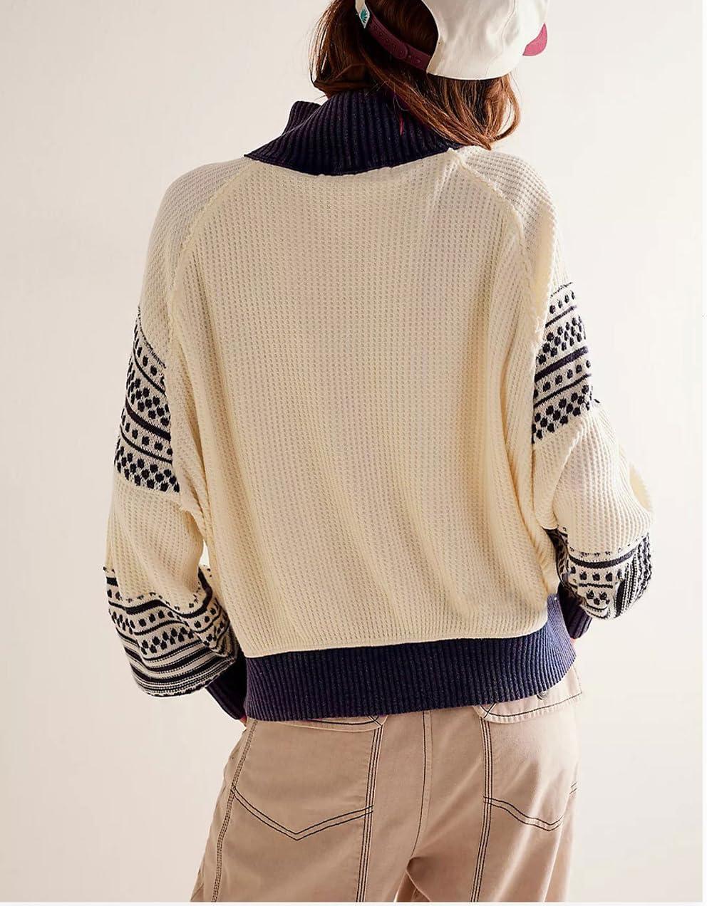 imagechouyatou Womens Fall Tribal Patterned Pullover Sweater Mock Neck Color Block Knit Jumper Sweater TopApricot