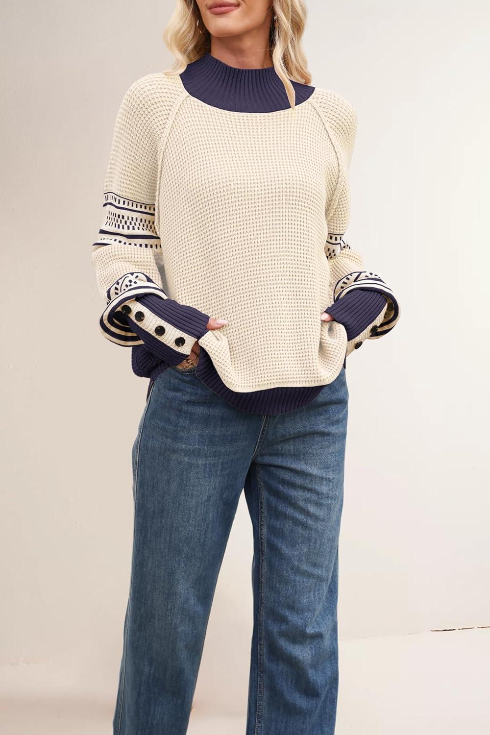 imagechouyatou Womens Fall Tribal Patterned Pullover Sweater Mock Neck Color Block Knit Jumper Sweater TopApricot