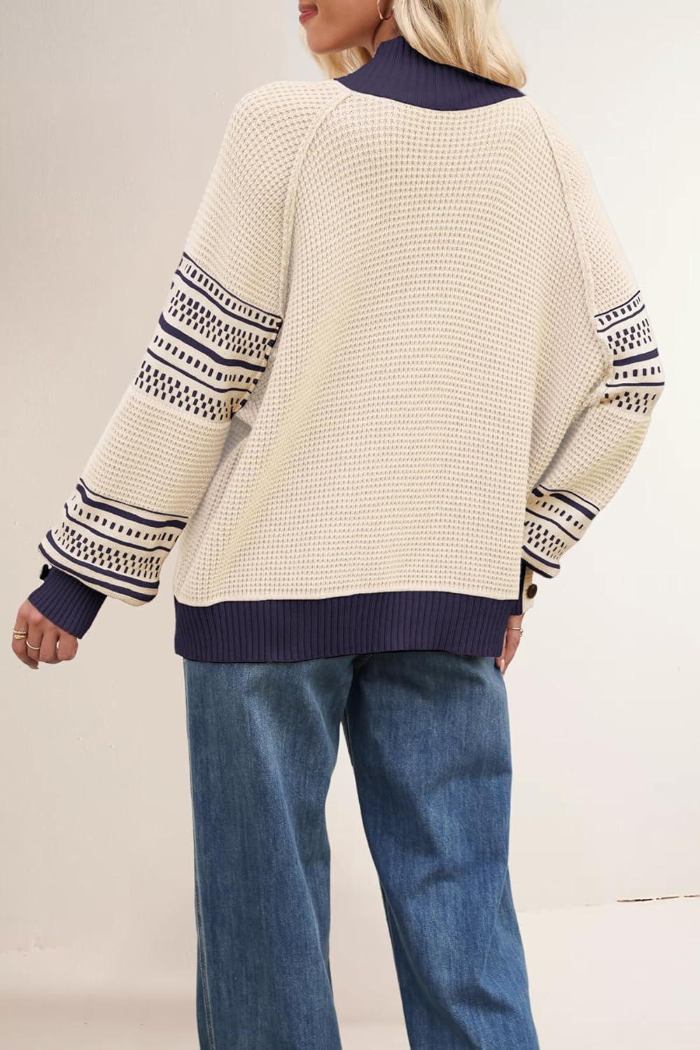 imagechouyatou Womens Fall Tribal Patterned Pullover Sweater Mock Neck Color Block Knit Jumper Sweater TopApricot