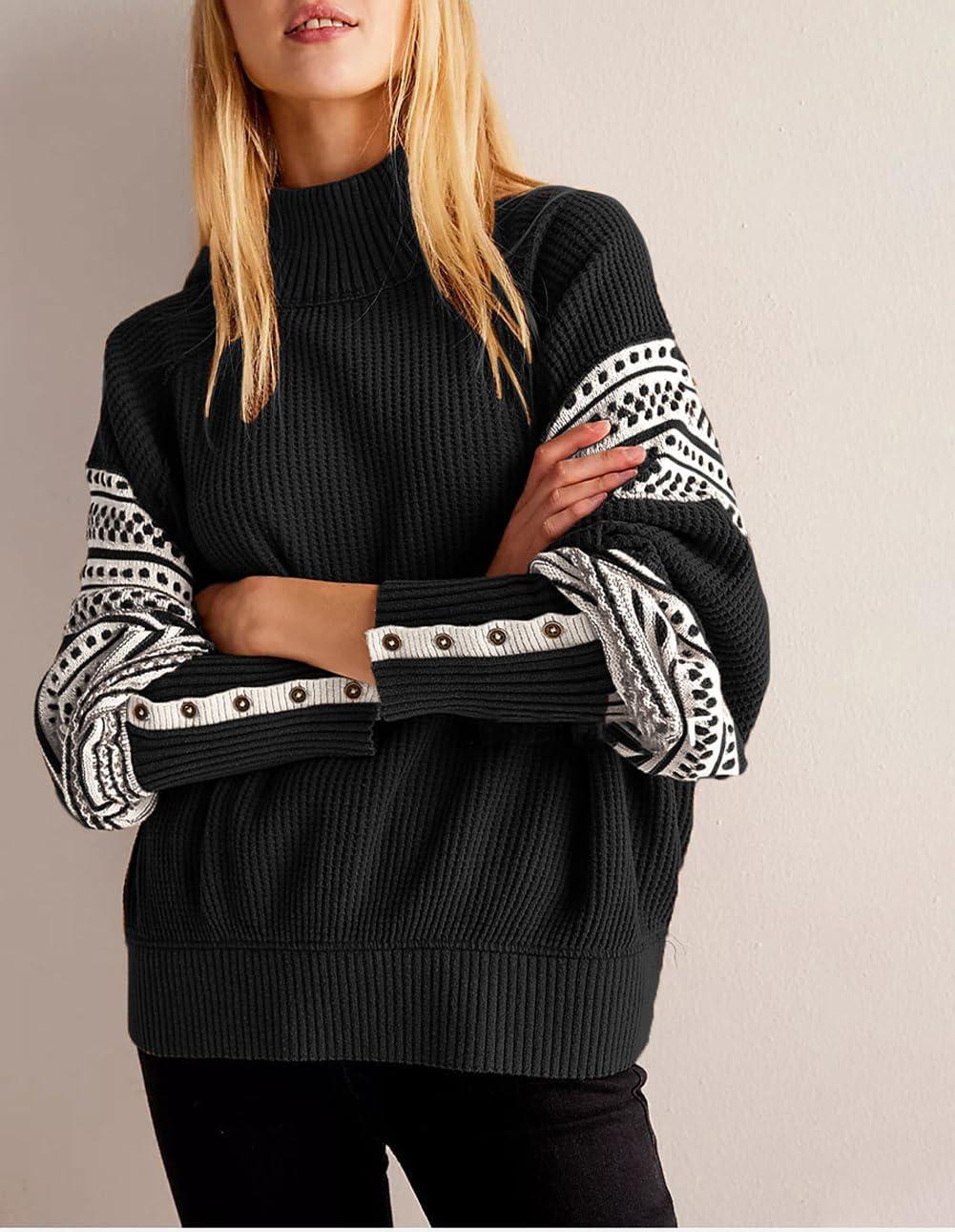 imagechouyatou Womens Fall Tribal Patterned Pullover Sweater Mock Neck Color Block Knit Jumper Sweater TopBlack
