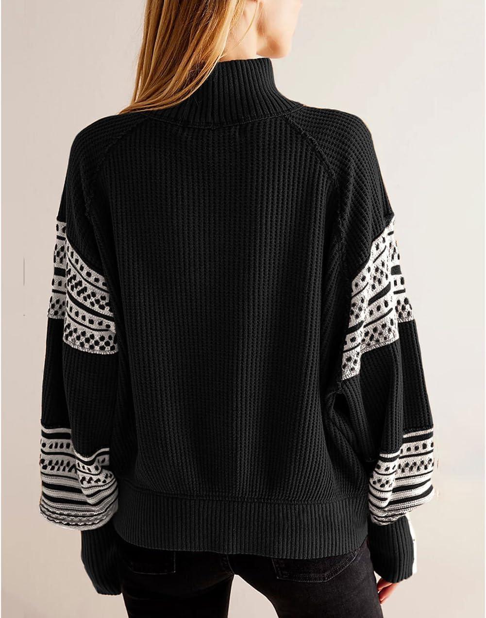 imagechouyatou Womens Fall Tribal Patterned Pullover Sweater Mock Neck Color Block Knit Jumper Sweater TopBlack