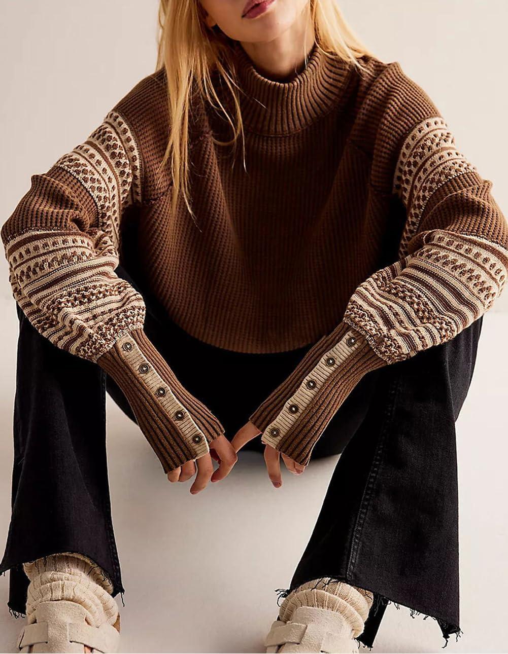 imagechouyatou Womens Fall Tribal Patterned Pullover Sweater Mock Neck Color Block Knit Jumper Sweater TopBrown