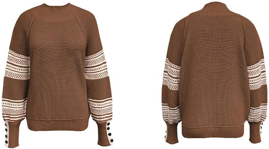 imagechouyatou Womens Fall Tribal Patterned Pullover Sweater Mock Neck Color Block Knit Jumper Sweater TopBrown