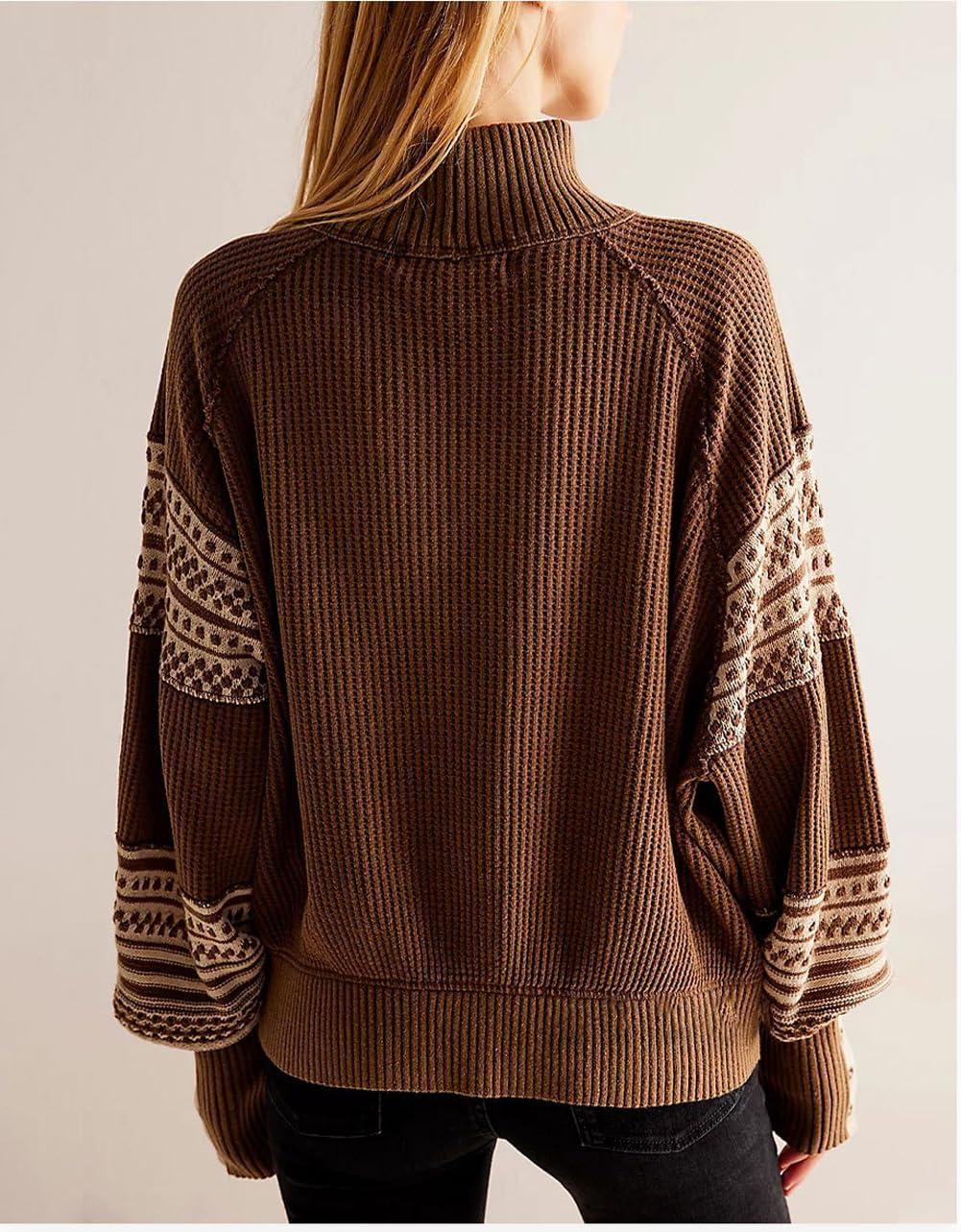 imagechouyatou Womens Fall Tribal Patterned Pullover Sweater Mock Neck Color Block Knit Jumper Sweater TopBrown