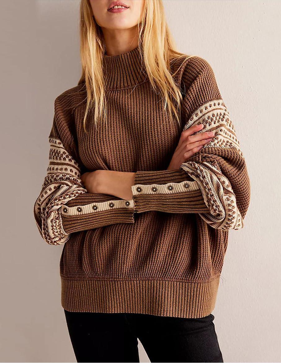 imagechouyatou Womens Fall Tribal Patterned Pullover Sweater Mock Neck Color Block Knit Jumper Sweater TopBrown