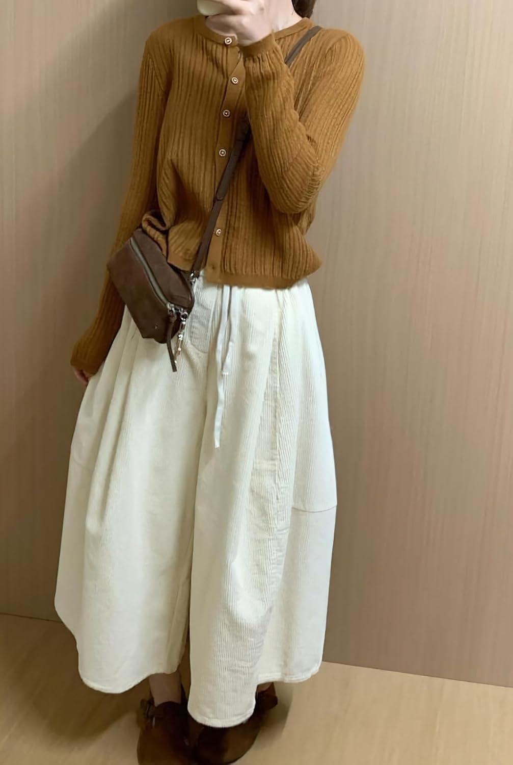 imagechouyatou Womens Fall Winter Corduroy Culottes Cropped Pants Elastic High Waisted Loose Wide Leg PalazzoBeige