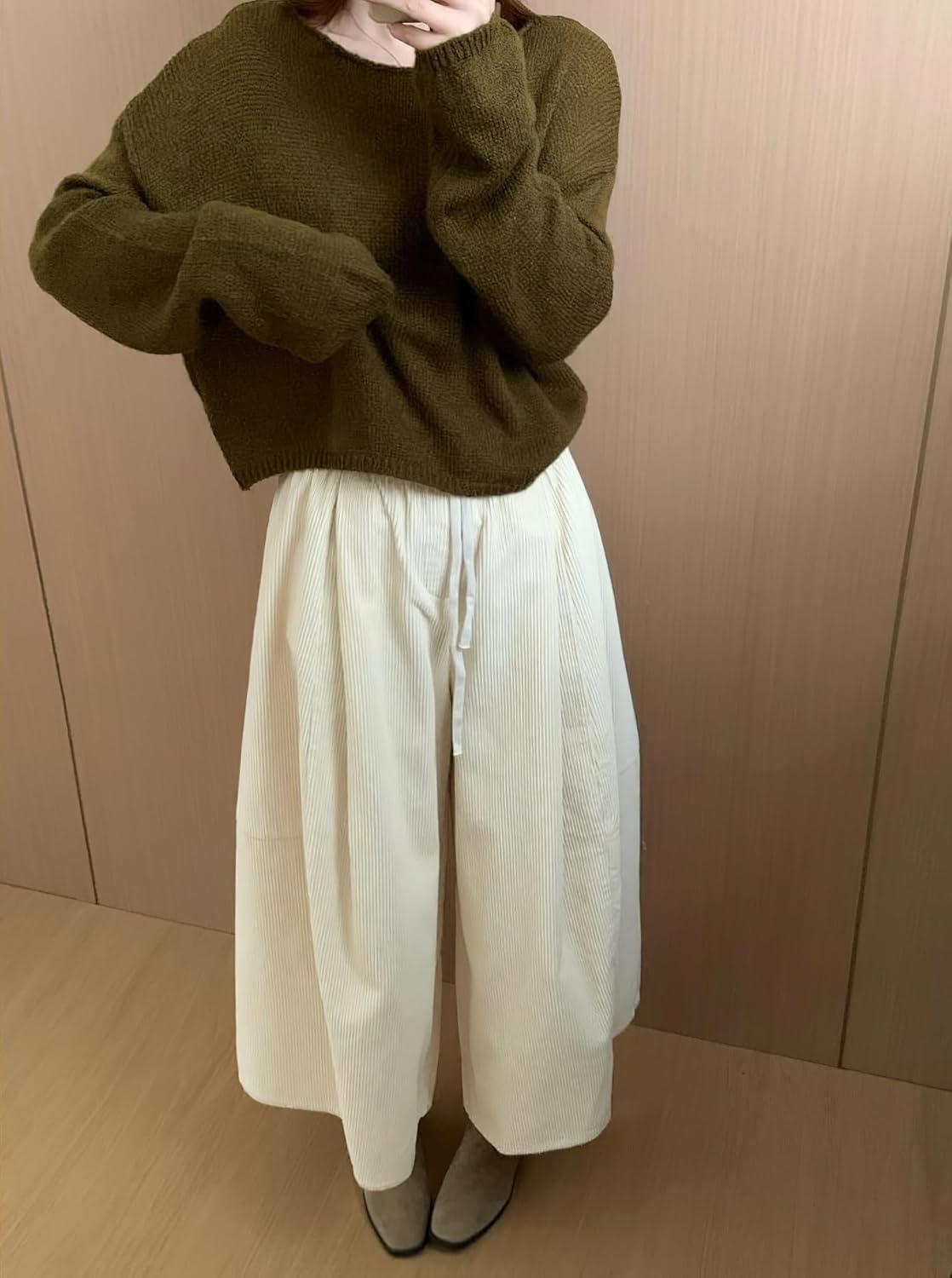 imagechouyatou Womens Fall Winter Corduroy Culottes Cropped Pants Elastic High Waisted Loose Wide Leg PalazzoBeige