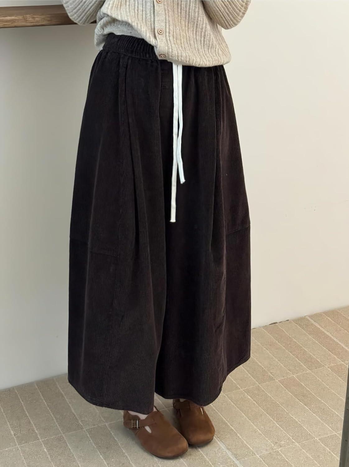 imagechouyatou Womens Fall Winter Corduroy Culottes Cropped Pants Elastic High Waisted Loose Wide Leg PalazzoBrown