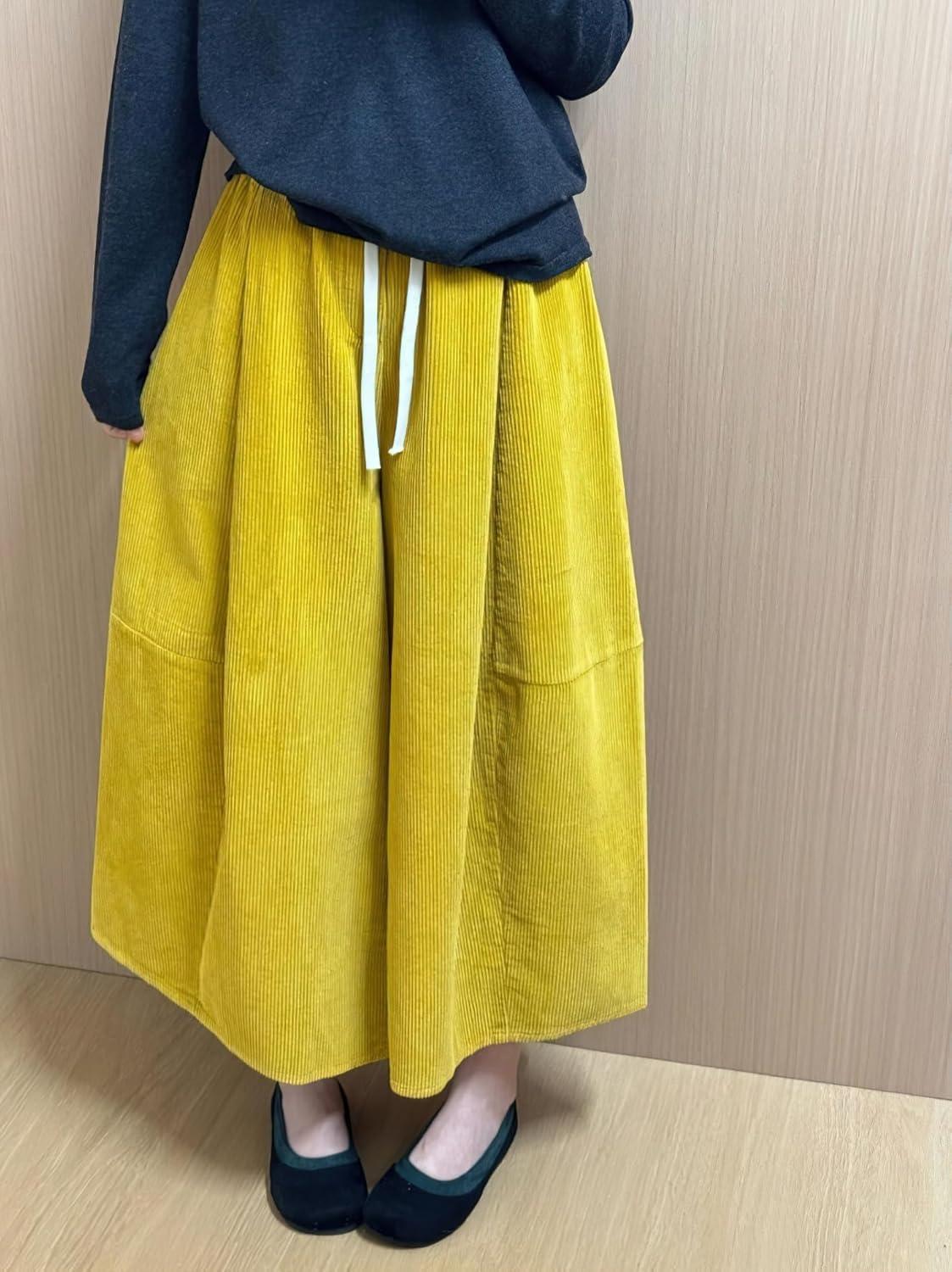 imagechouyatou Womens Fall Winter Corduroy Culottes Cropped Pants Elastic High Waisted Loose Wide Leg PalazzoGinger