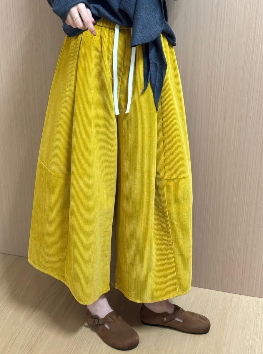 imagechouyatou Womens Fall Winter Corduroy Culottes Cropped Pants Elastic High Waisted Loose Wide Leg PalazzoGinger
