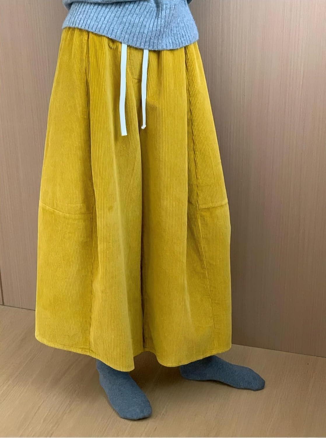 imagechouyatou Womens Fall Winter Corduroy Culottes Cropped Pants Elastic High Waisted Loose Wide Leg PalazzoGinger