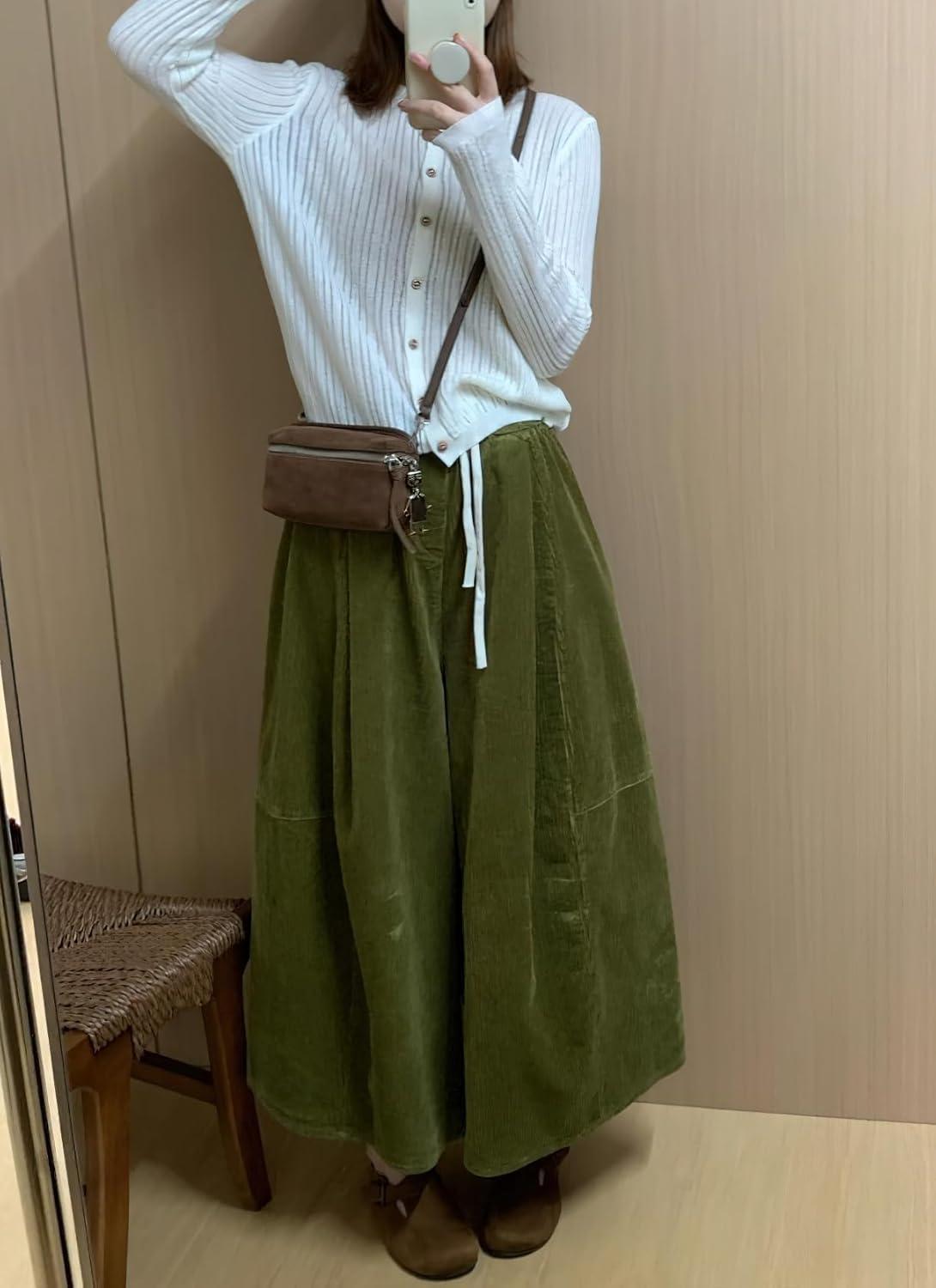 imagechouyatou Womens Fall Winter Corduroy Culottes Cropped Pants Elastic High Waisted Loose Wide Leg PalazzoGreen