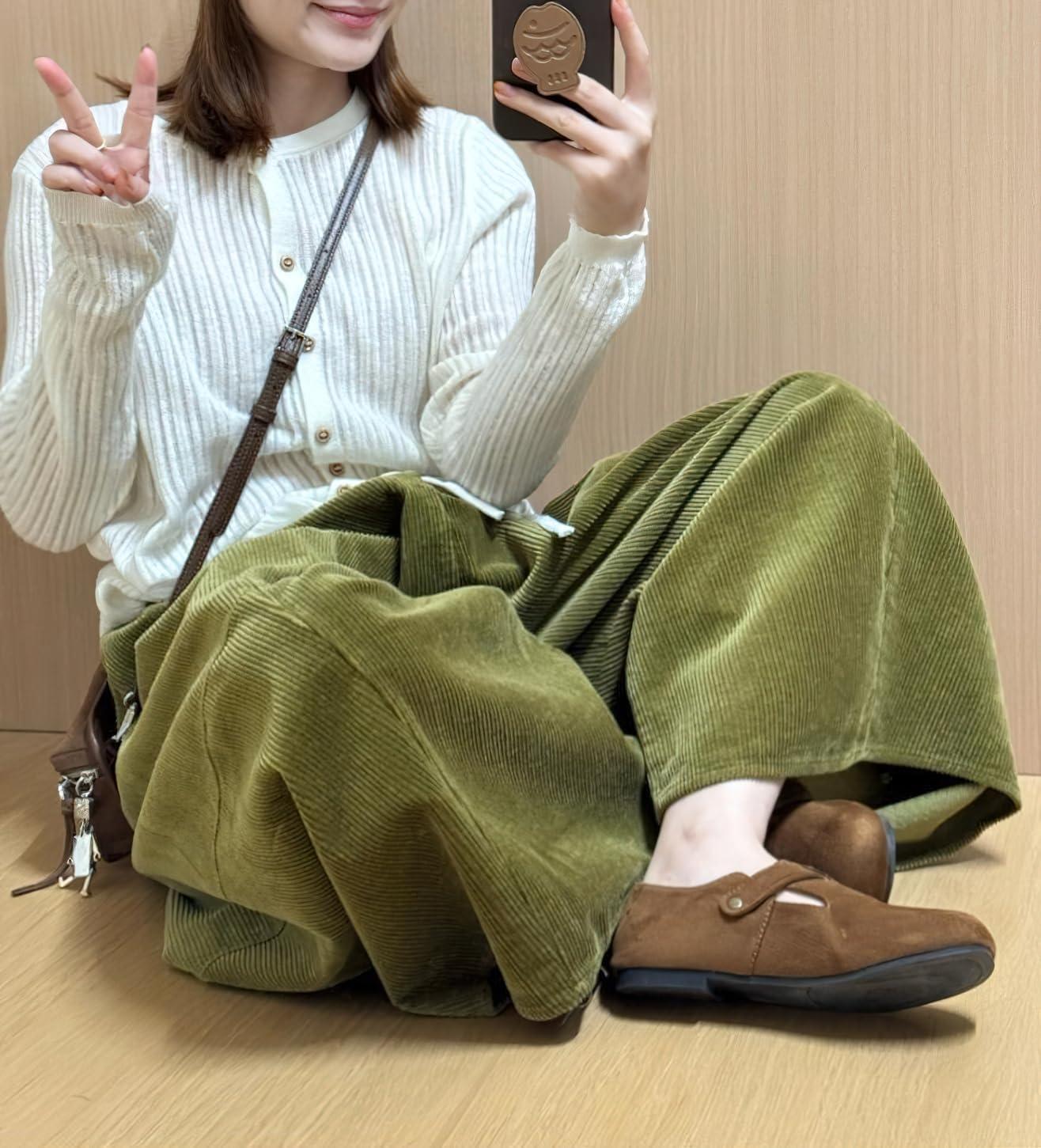 imagechouyatou Womens Fall Winter Corduroy Culottes Cropped Pants Elastic High Waisted Loose Wide Leg PalazzoGreen