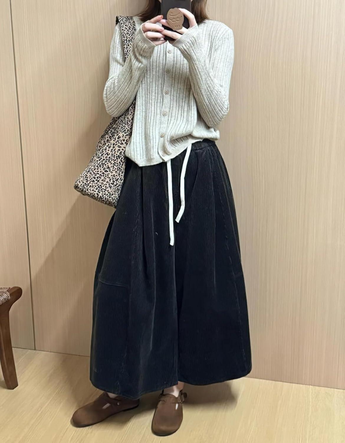 imagechouyatou Womens Fall Winter Corduroy Culottes Cropped Pants Elastic High Waisted Loose Wide Leg PalazzoNavy Blue