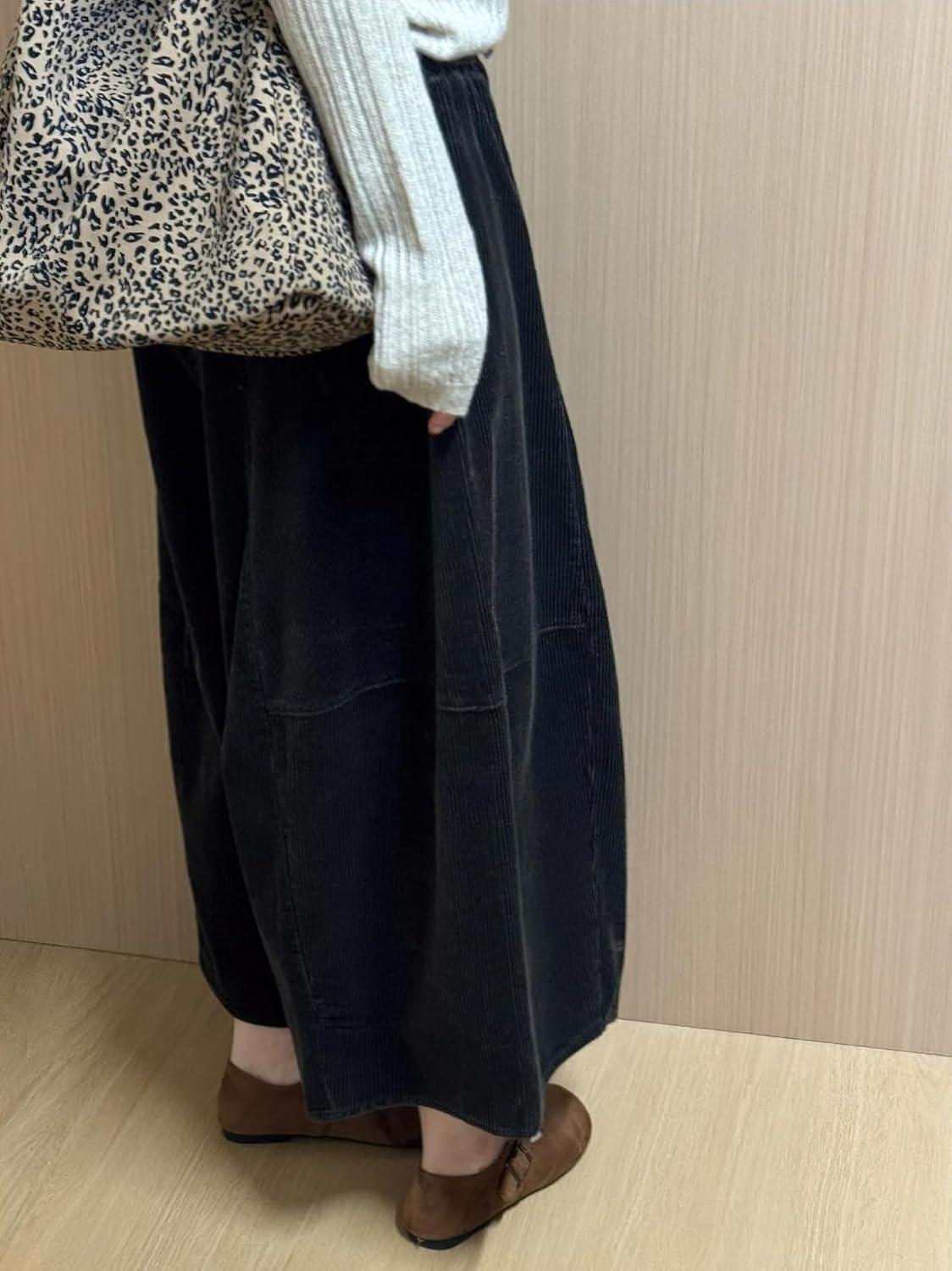 imagechouyatou Womens Fall Winter Corduroy Culottes Cropped Pants Elastic High Waisted Loose Wide Leg PalazzoNavy Blue