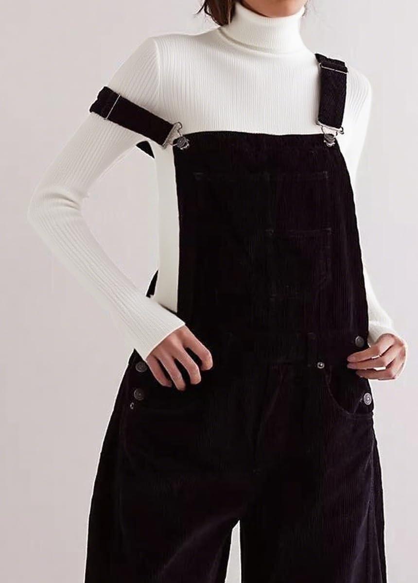 imagechouyatou Womens Fall Winter Corduroy Overalls Boyfriend Adjustable Strap Bib Jumpsuit Barrel Harem PantsBlack