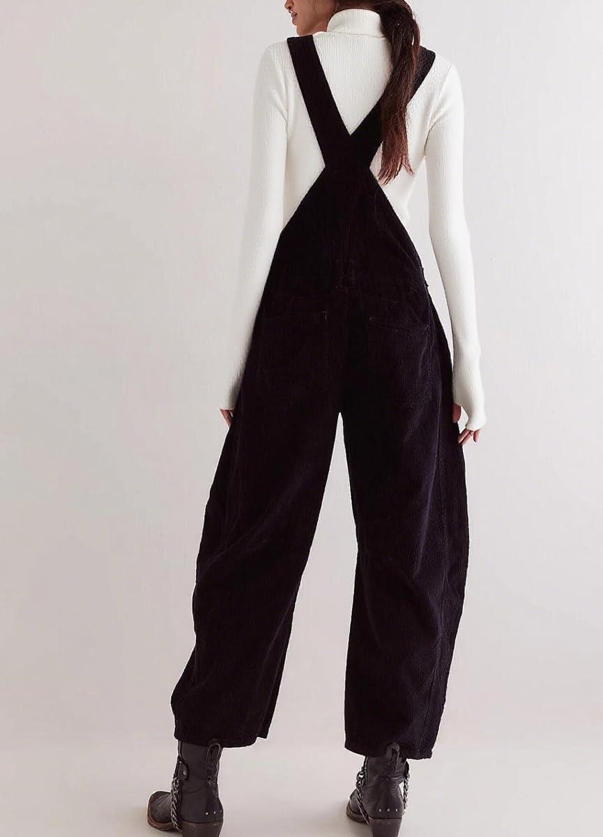 imagechouyatou Womens Fall Winter Corduroy Overalls Boyfriend Adjustable Strap Bib Jumpsuit Barrel Harem PantsBlack