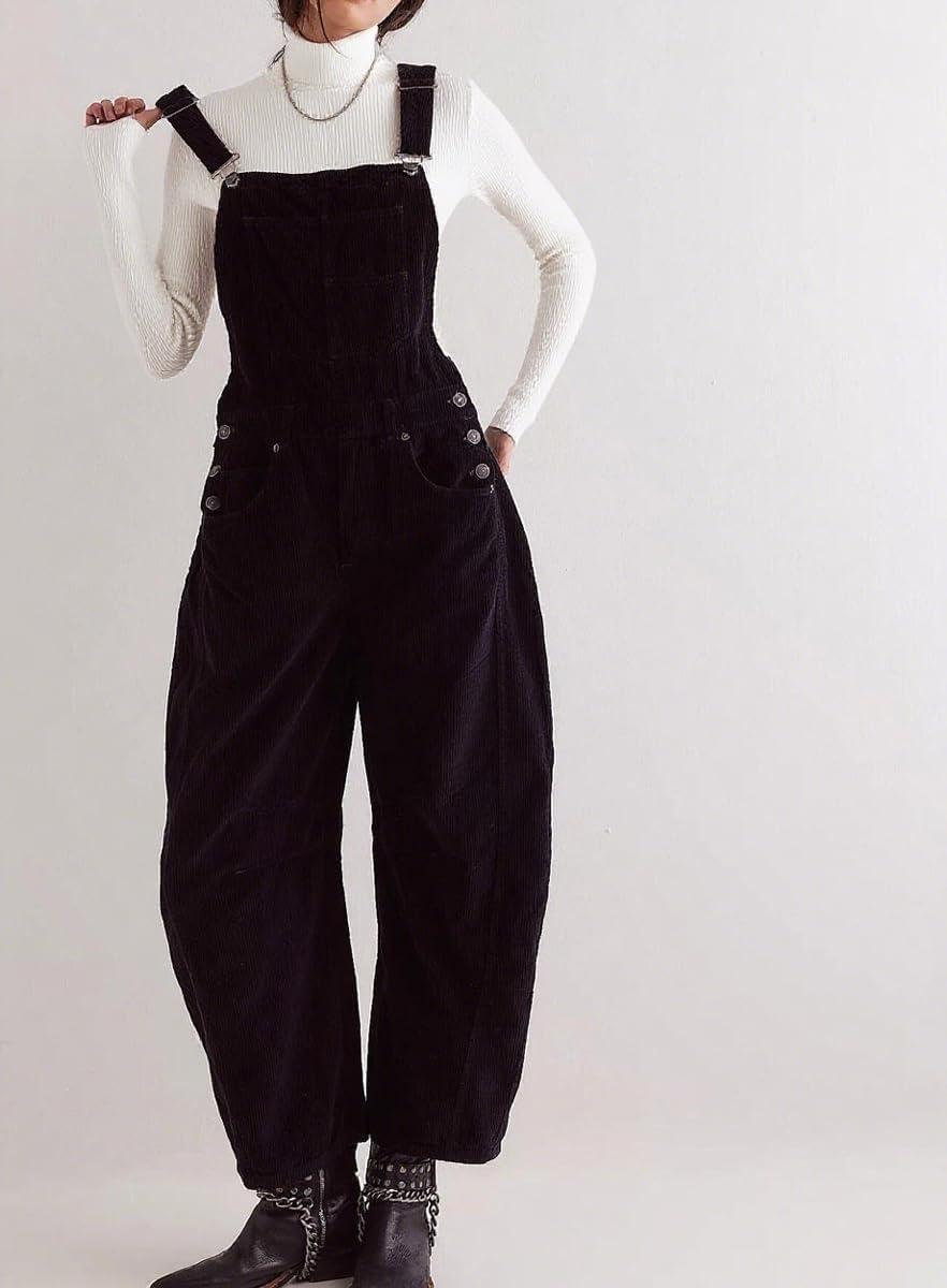 imagechouyatou Womens Fall Winter Corduroy Overalls Boyfriend Adjustable Strap Bib Jumpsuit Barrel Harem PantsBlack