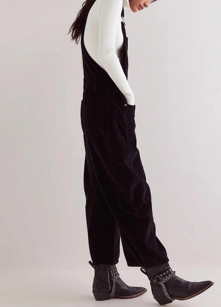 imagechouyatou Womens Fall Winter Corduroy Overalls Boyfriend Adjustable Strap Bib Jumpsuit Barrel Harem PantsBlack