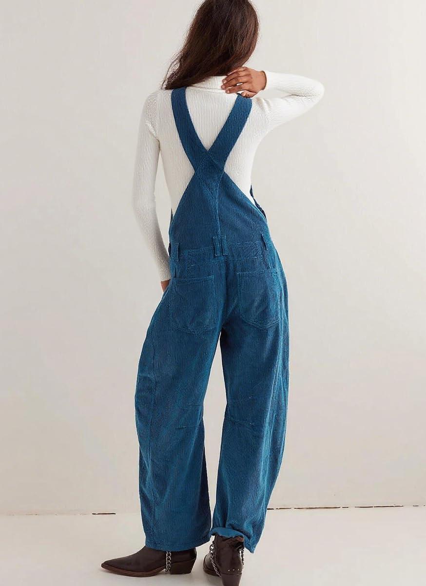 imagechouyatou Womens Fall Winter Corduroy Overalls Boyfriend Adjustable Strap Bib Jumpsuit Barrel Harem PantsBlue