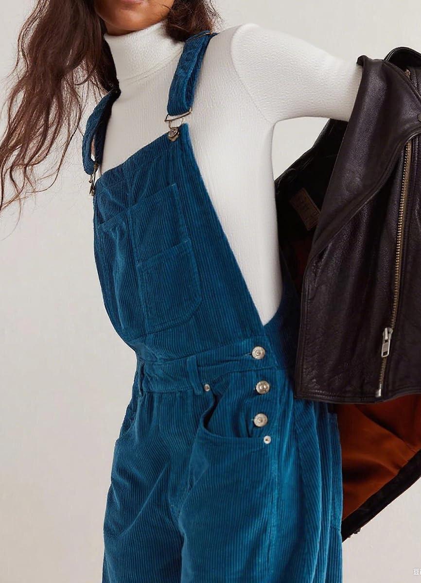 imagechouyatou Womens Fall Winter Corduroy Overalls Boyfriend Adjustable Strap Bib Jumpsuit Barrel Harem PantsBlue