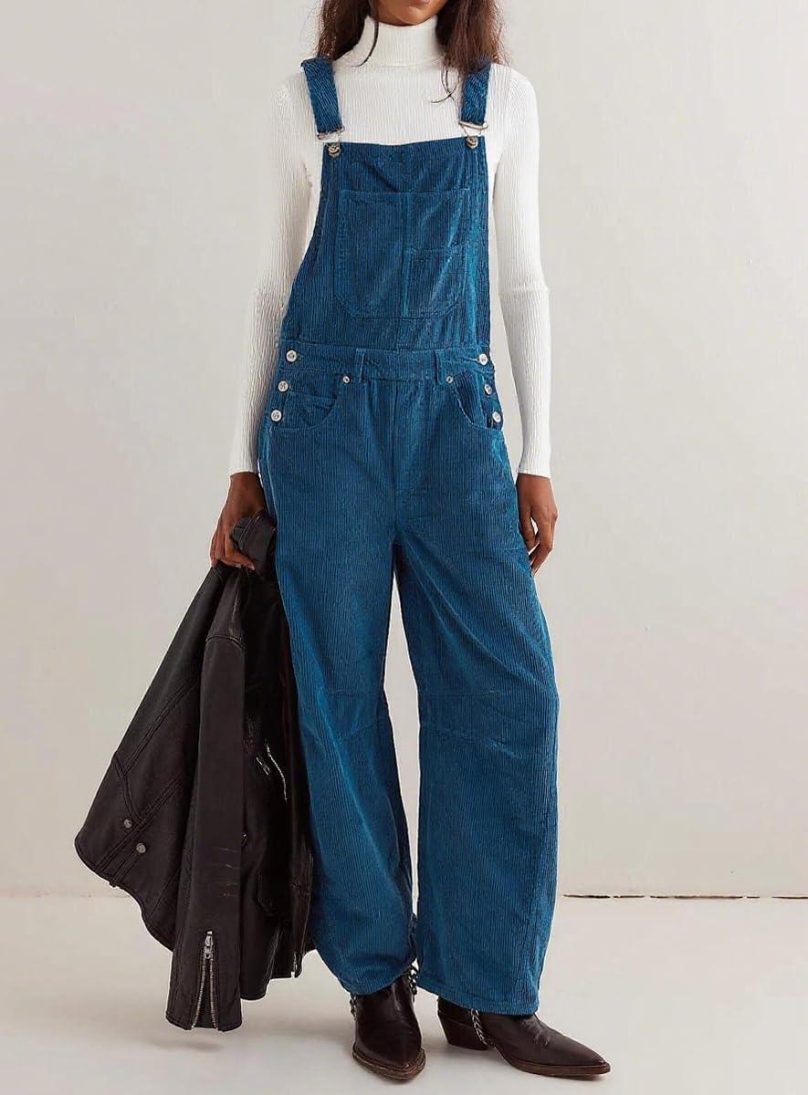 imagechouyatou Womens Fall Winter Corduroy Overalls Boyfriend Adjustable Strap Bib Jumpsuit Barrel Harem PantsBlue
