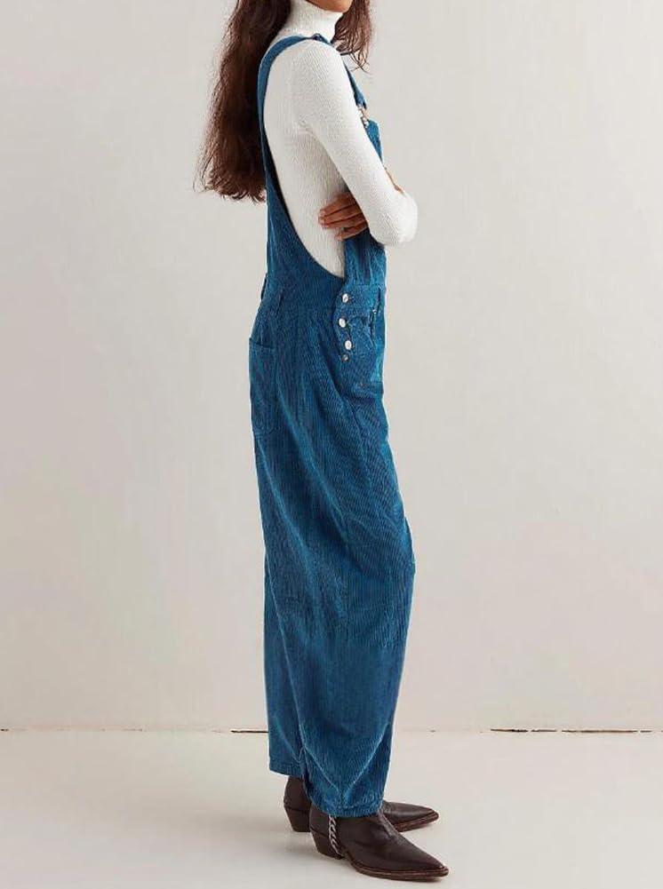 imagechouyatou Womens Fall Winter Corduroy Overalls Boyfriend Adjustable Strap Bib Jumpsuit Barrel Harem PantsBlue