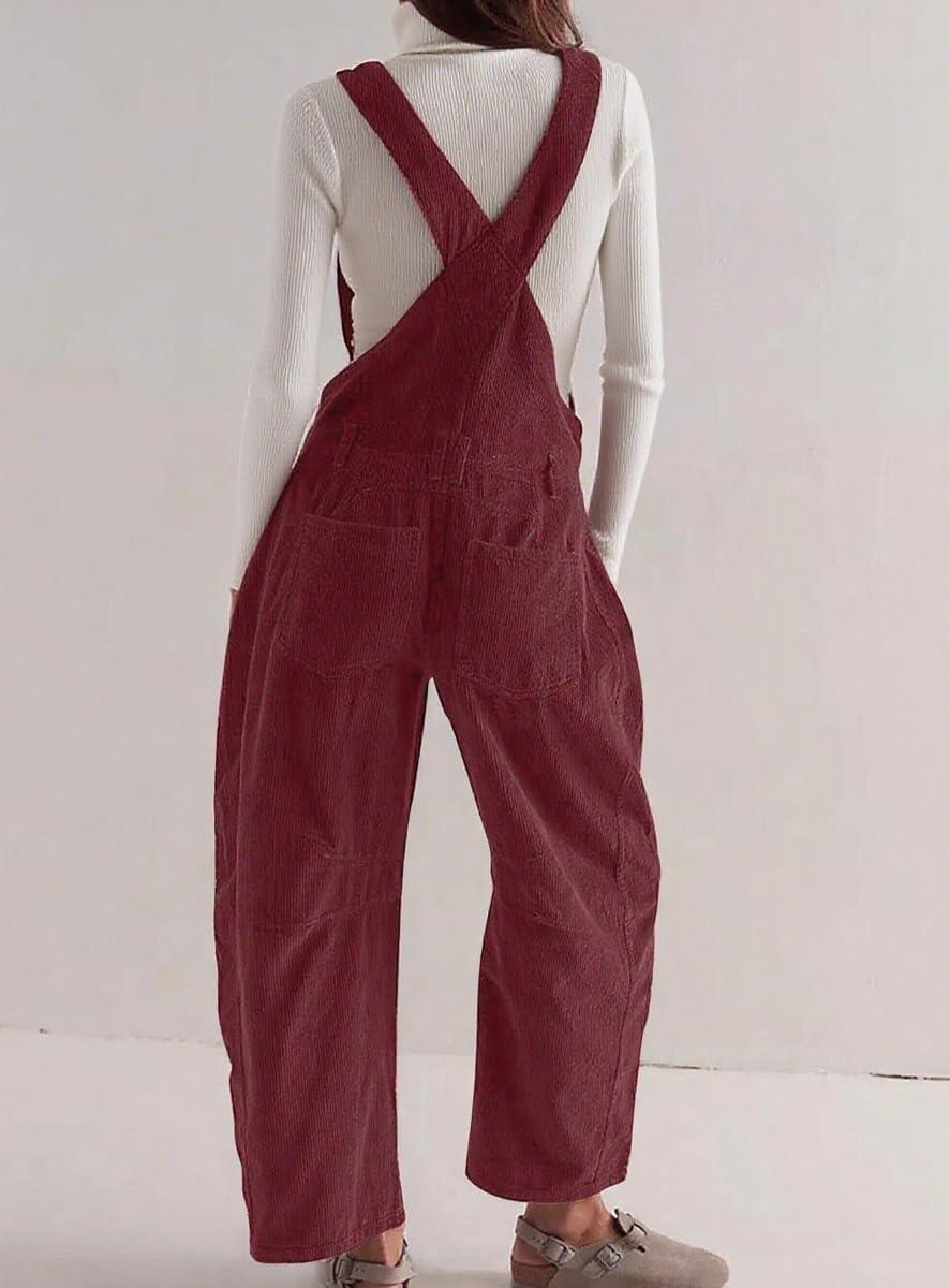 imagechouyatou Womens Fall Winter Corduroy Overalls Boyfriend Adjustable Strap Bib Jumpsuit Barrel Harem PantsBurgundy