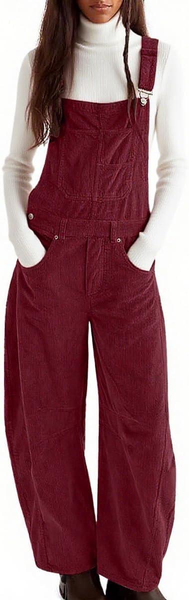 imagechouyatou Womens Fall Winter Corduroy Overalls Boyfriend Adjustable Strap Bib Jumpsuit Barrel Harem PantsBurgundy