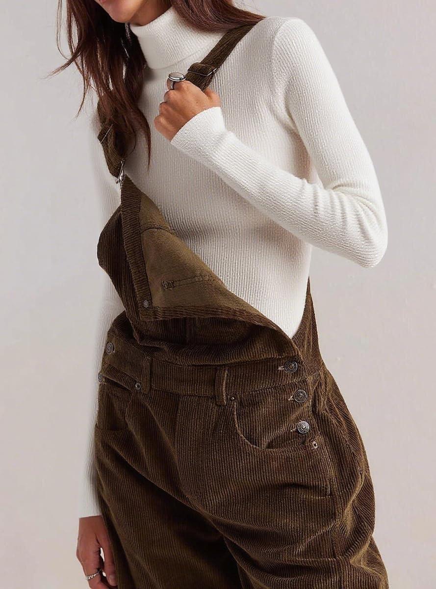 imagechouyatou Womens Fall Winter Corduroy Overalls Boyfriend Adjustable Strap Bib Jumpsuit Barrel Harem PantsCoffee