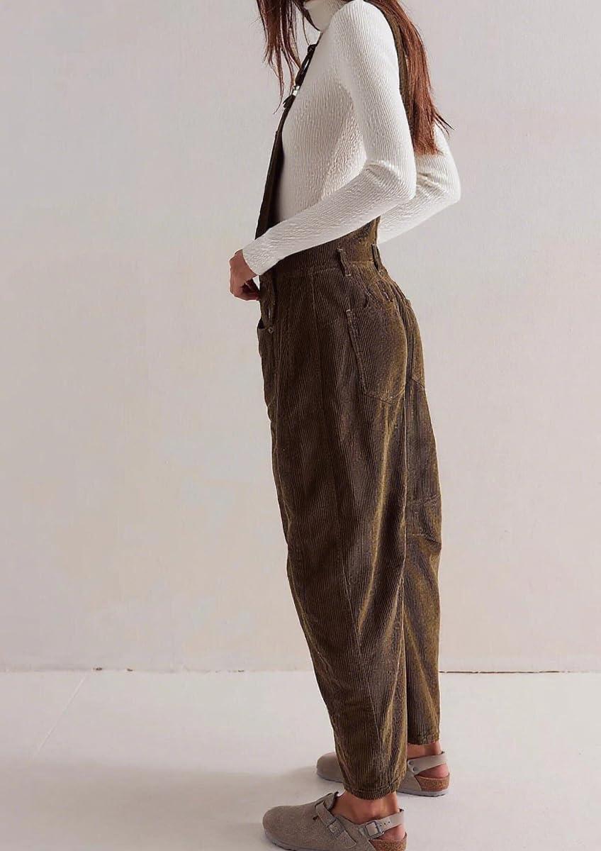 imagechouyatou Womens Fall Winter Corduroy Overalls Boyfriend Adjustable Strap Bib Jumpsuit Barrel Harem PantsCoffee
