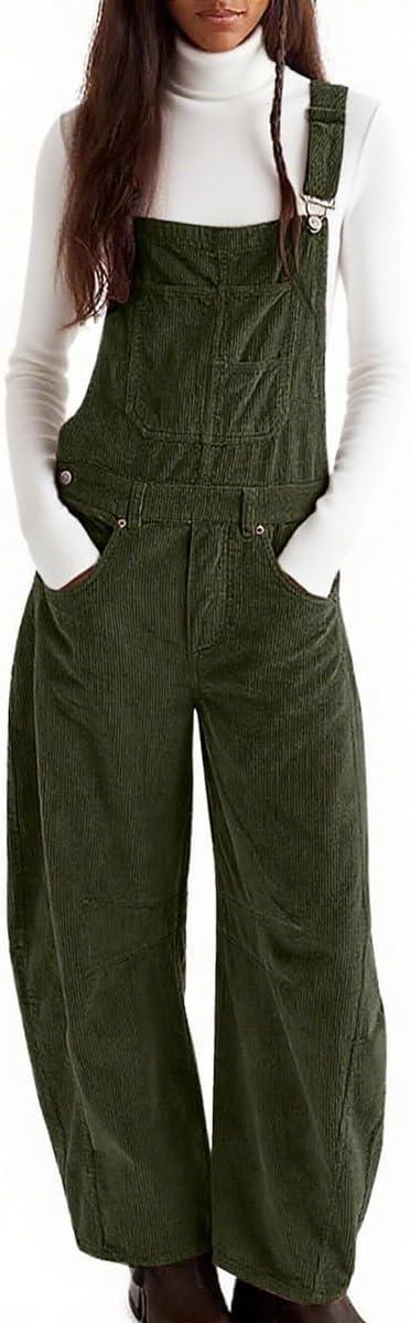 imagechouyatou Womens Fall Winter Corduroy Overalls Boyfriend Adjustable Strap Bib Jumpsuit Barrel Harem PantsGreen