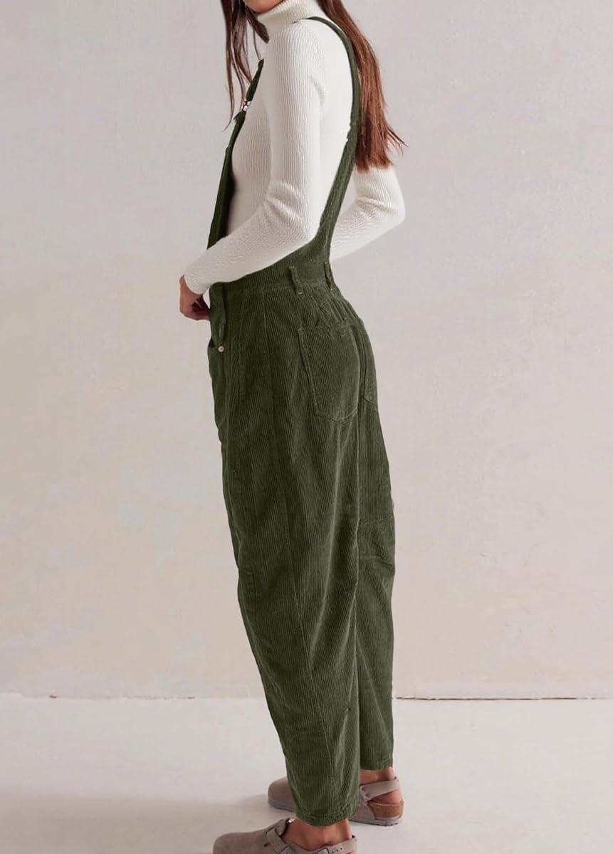 imagechouyatou Womens Fall Winter Corduroy Overalls Boyfriend Adjustable Strap Bib Jumpsuit Barrel Harem PantsGreen