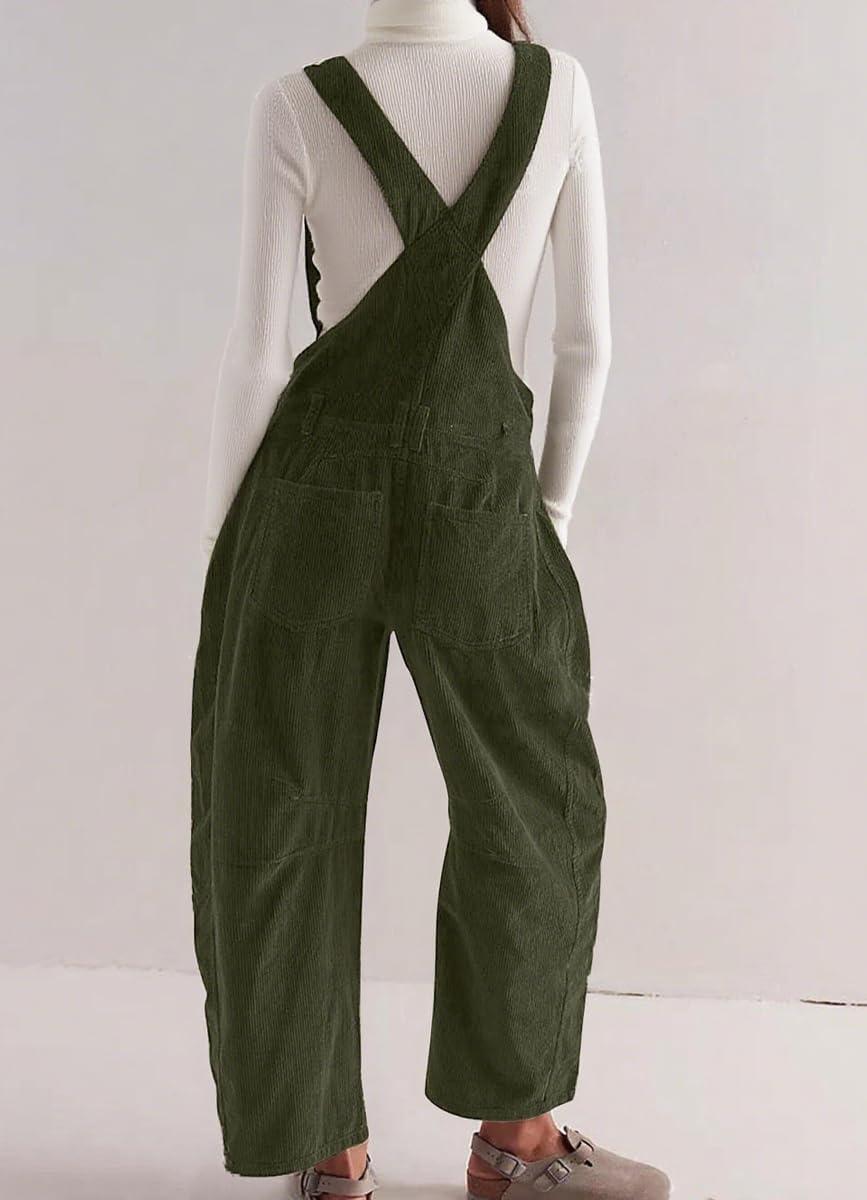 imagechouyatou Womens Fall Winter Corduroy Overalls Boyfriend Adjustable Strap Bib Jumpsuit Barrel Harem PantsGreen