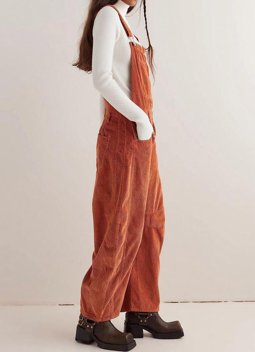 imagechouyatou Womens Fall Winter Corduroy Overalls Boyfriend Adjustable Strap Bib Jumpsuit Barrel Harem PantsOrange