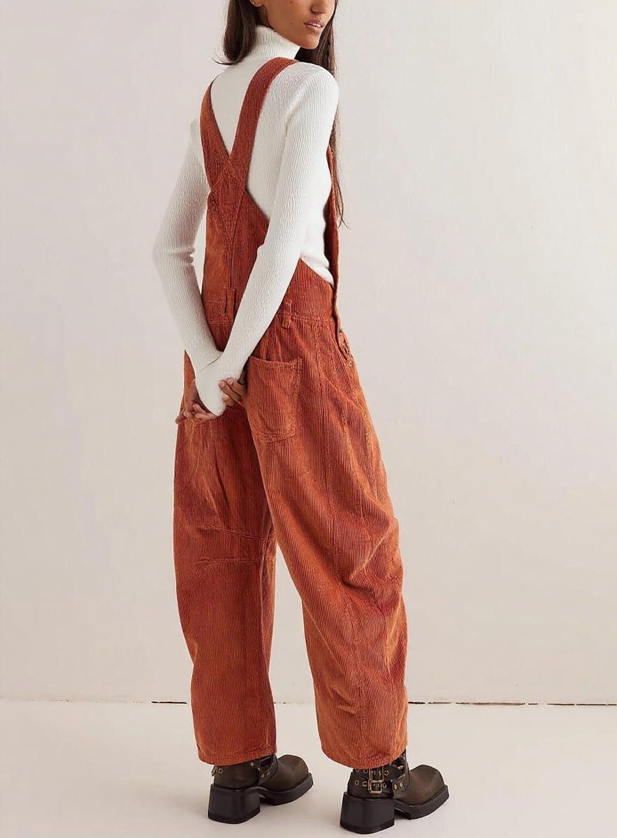 imagechouyatou Womens Fall Winter Corduroy Overalls Boyfriend Adjustable Strap Bib Jumpsuit Barrel Harem PantsOrange