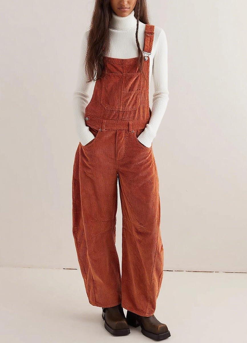 imagechouyatou Womens Fall Winter Corduroy Overalls Boyfriend Adjustable Strap Bib Jumpsuit Barrel Harem PantsOrange