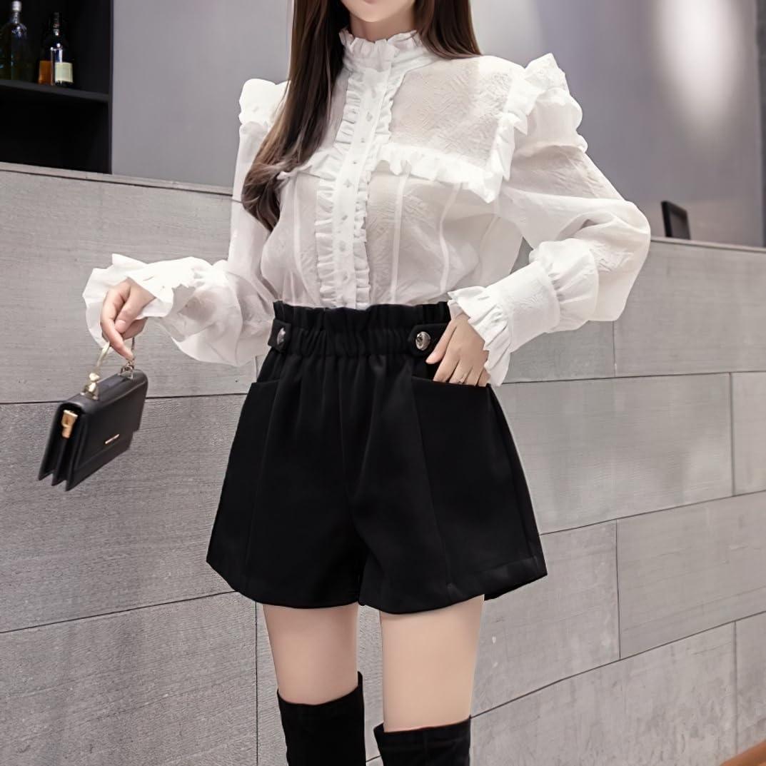 imagechouyatou Womens Fall Winter Cute Elastic High Waisted Ruffle Pleated Wool Wide Leg Shorts with PocketsBlack