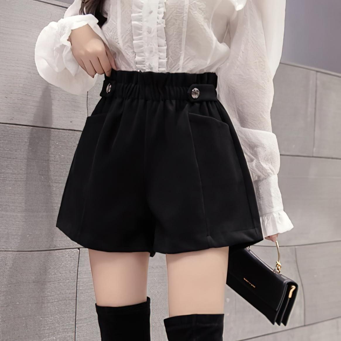 imagechouyatou Womens Fall Winter Cute Elastic High Waisted Ruffle Pleated Wool Wide Leg Shorts with PocketsBlack