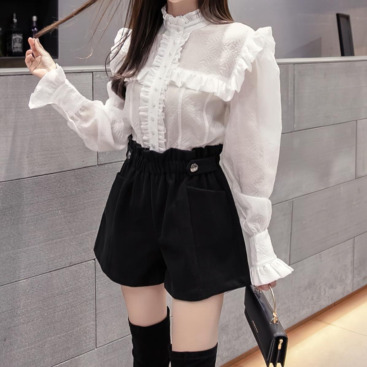 imagechouyatou Womens Fall Winter Cute Elastic High Waisted Ruffle Pleated Wool Wide Leg Shorts with PocketsBlack