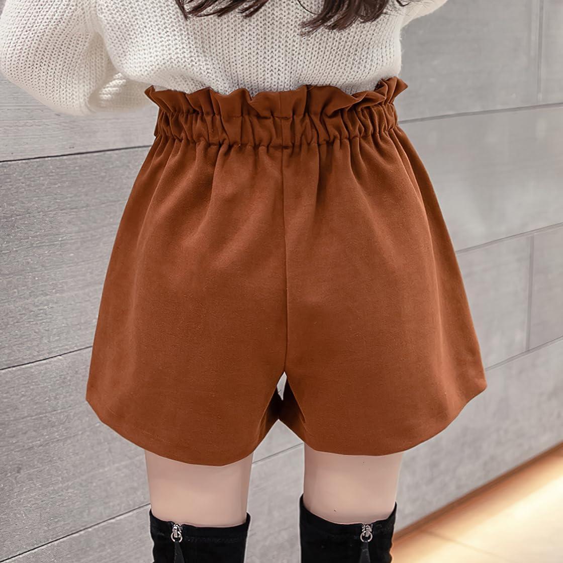 imagechouyatou Womens Fall Winter Cute Elastic High Waisted Ruffle Pleated Wool Wide Leg Shorts with PocketsBrown